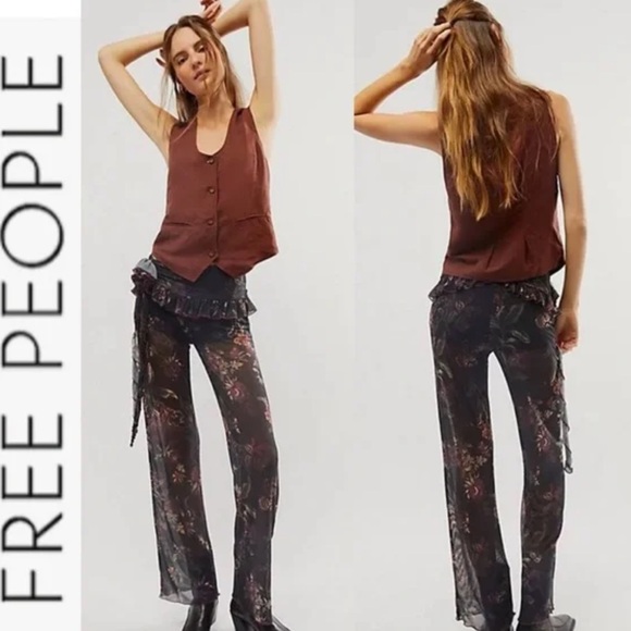 Free People Pants - Free People Sheer Floral Black Flares Pants Size S Comfortable Hippie Bohemian